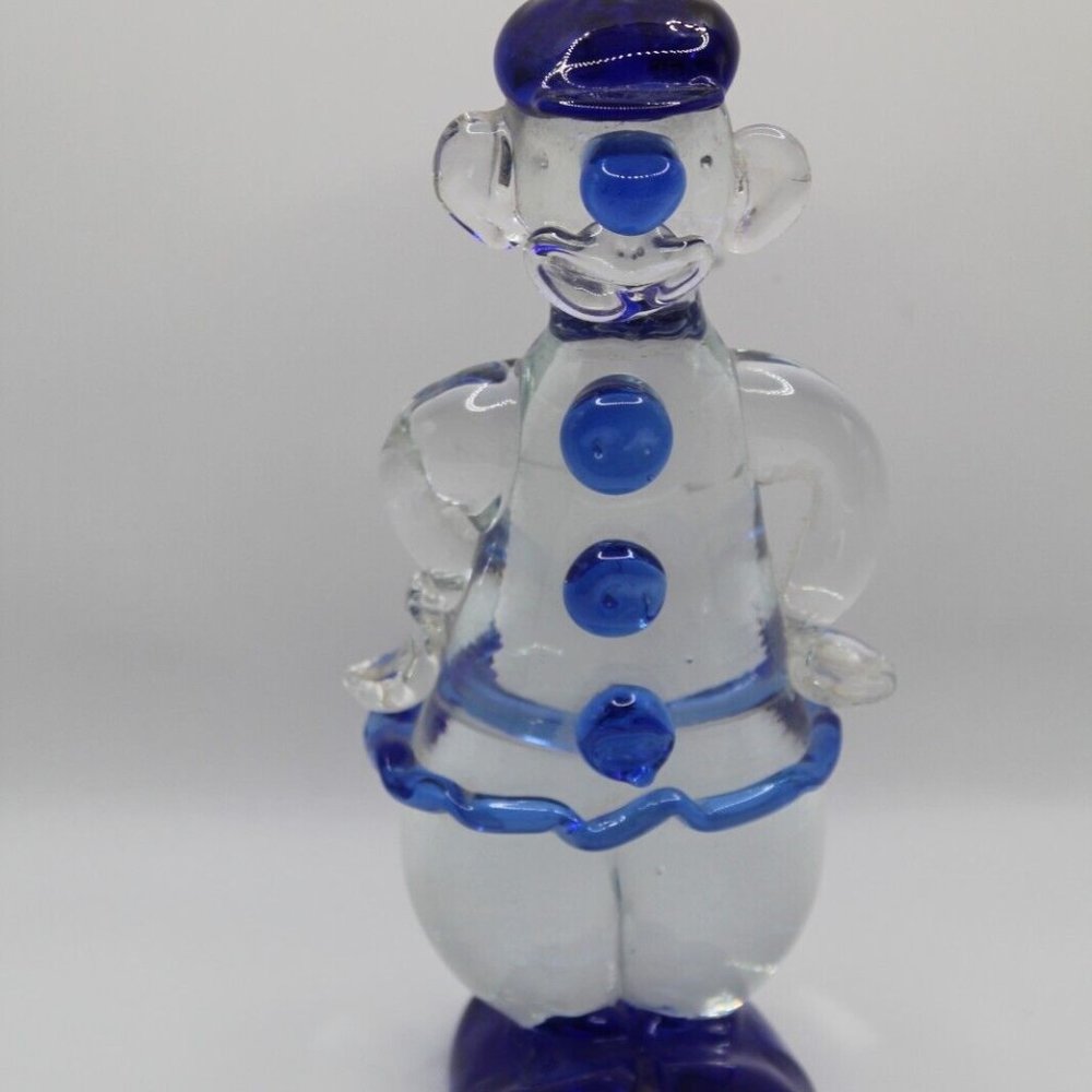 Vintage Clear & Blue Art Glass Clown Figurine Sculpture